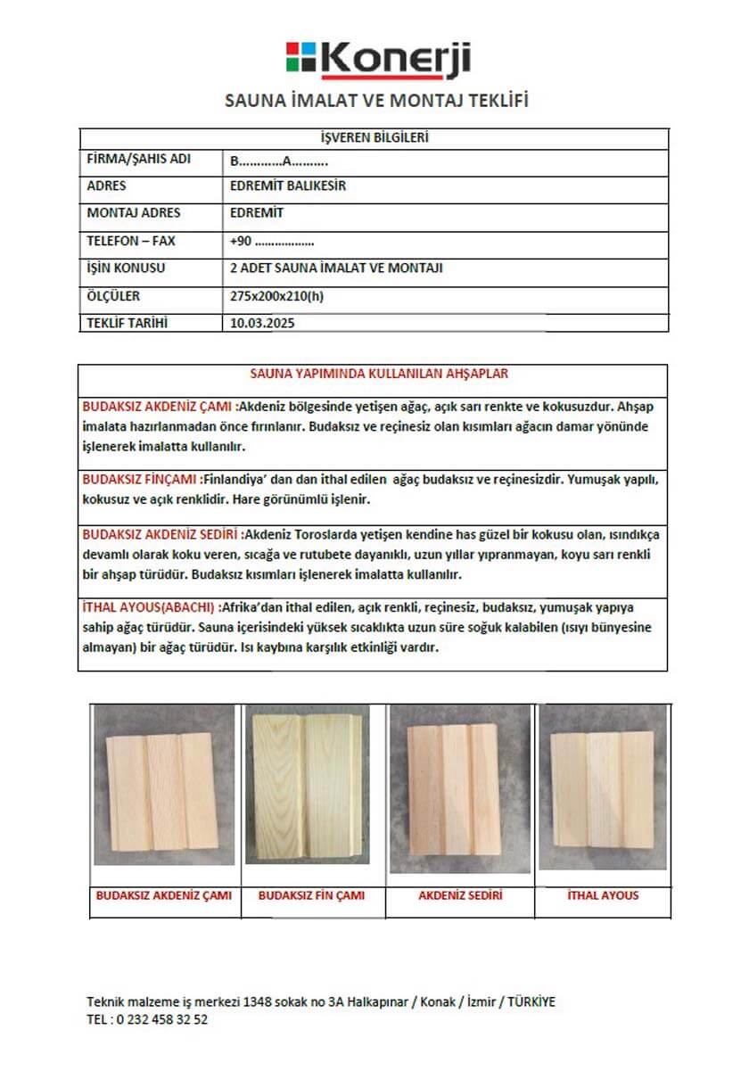 sauna teklifi , sauna imalat teklifi , sauna imalat izmir